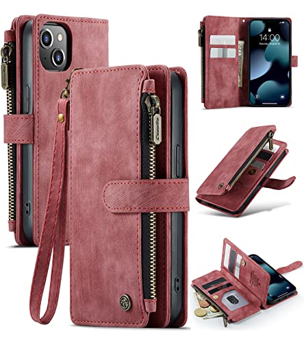 CaseMe iPhone 13 Case with Card Holder, Suede Retro iPhone 13 Wallet Case for Women Men, iPhone 13 Case with 7 Drivers License Card Slots Magnetic Closure Change Coin Zipper Pocket Kickstand, Red