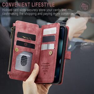 CaseMe iPhone 13 Case with Card Holder, Suede Retro iPhone 13 Wallet Case for Women Men, iPhone 13 Case with 7 Drivers License Card Slots Magnetic Closure Change Coin Zipper Pocket Kickstand, Red