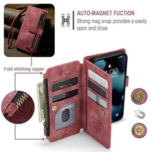 CaseMe iPhone 13 Case with Card Holder, Suede Retro iPhone 13 Wallet Case for Women Men, iPhone 13 Case with 7 Drivers License Card Slots Magnetic Closure Change Coin Zipper Pocket Kickstand, Red