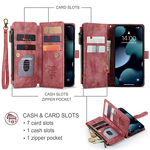 CaseMe iPhone 13 Case with Card Holder, Suede Retro iPhone 13 Wallet Case for Women Men, iPhone 13 Case with 7 Drivers License Card Slots Magnetic Closure Change Coin Zipper Pocket Kickstand, Red