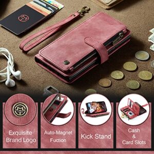 CaseMe iPhone 13 Case with Card Holder, Suede Retro iPhone 13 Wallet Case for Women Men, iPhone 13 Case with 7 Drivers License Card Slots Magnetic Closure Change Coin Zipper Pocket Kickstand, Red