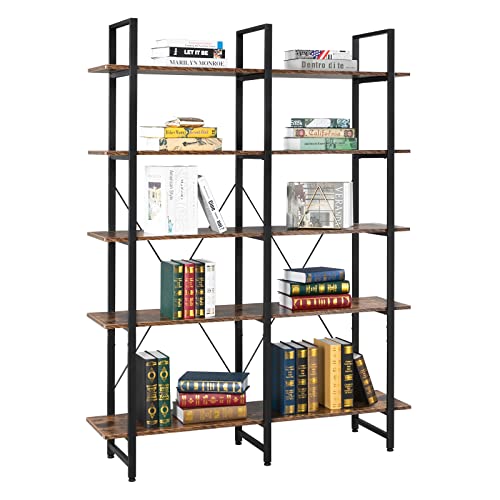 VINGLI Bookcases and Book Shelves 5 Shelf,Double Wide 5 Tier Bookshelf,5 Tier Tall Bookshelf,Large Etagere Bookshelf 5 Shelf Bookcase,Industrial Style Bookshelf,Living Room,Bedroom,Office