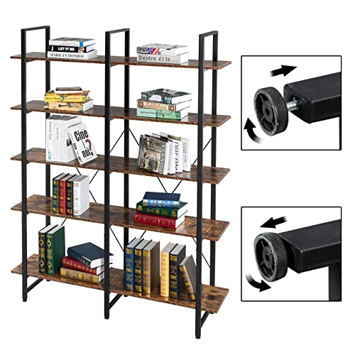 VINGLI Bookcases and Book Shelves 5 Shelf,Double Wide 5 Tier Bookshelf,5 Tier Tall Bookshelf,Large Etagere Bookshelf 5 Shelf Bookcase,Industrial Style Bookshelf,Living Room,Bedroom,Office