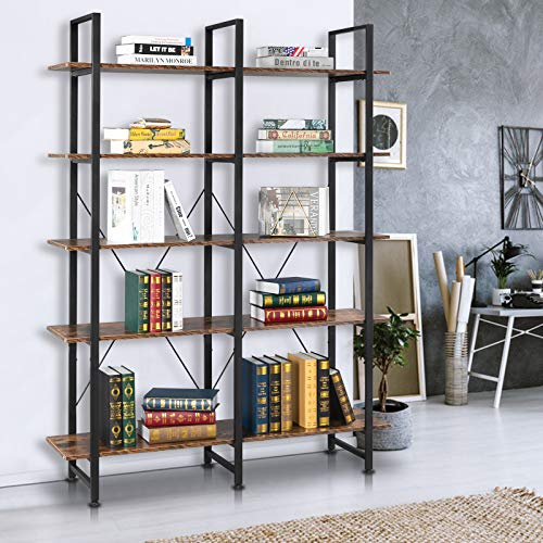 VINGLI Bookcases and Book Shelves 5 Shelf,Double Wide 5 Tier Bookshelf,5 Tier Tall Bookshelf,Large Etagere Bookshelf 5 Shelf Bookcase,Industrial Style Bookshelf,Living Room,Bedroom,Office