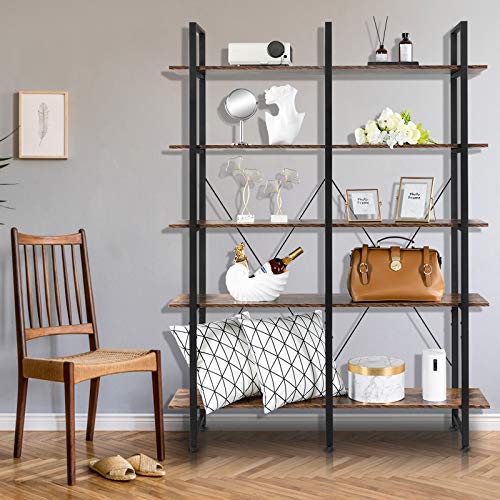 VINGLI Bookcases and Book Shelves 5 Shelf,Double Wide 5 Tier Bookshelf,5 Tier Tall Bookshelf,Large Etagere Bookshelf 5 Shelf Bookcase,Industrial Style Bookshelf,Living Room,Bedroom,Office