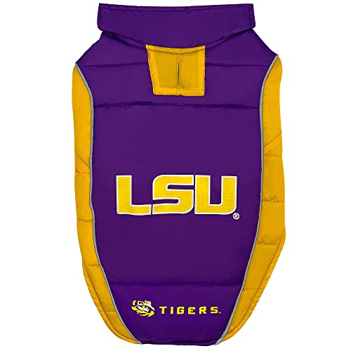 NCAA LSU Tigers Puffer Vest for Dogs & Cats, Size Small. Warm, Cozy, and Waterproof Dog Coat, for Small and Large Dogs/Cats. Best NCAA Licensed PET Warming Sports Jacket