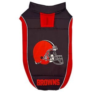 nfl cleveland browns puffer vest for dogs & cats, size small. warm, cozy, and waterproof dog coat, for small and large dogs/cats. best nfl licensed pet warming sports jacket
