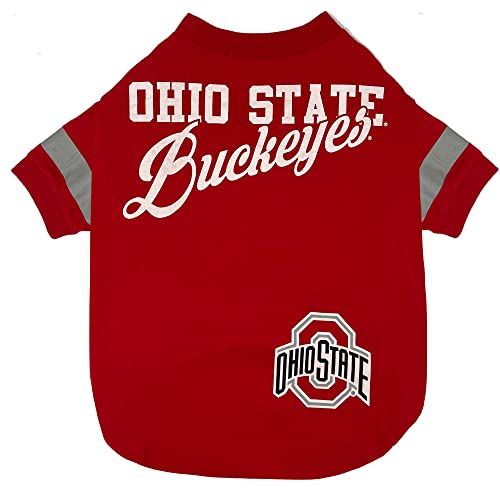 NCAA Ohio State Buckeyes T-Shirt for Dogs & Cats, Small. Football/Basketball Dog Shirt for College NCAA Team Fans. New & Updated Fashionable Stripe Design, Durable & Cute Sports PET TEE Shirt Outfit