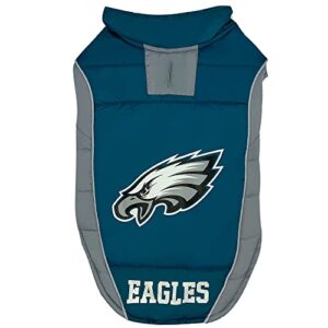 nfl philadelphia eagels puffer vest for dogs & cats, size small. warm, cozy, and waterproof dog coat, for small and large dogs/cats. best nfl licensed pet warming sports jacket
