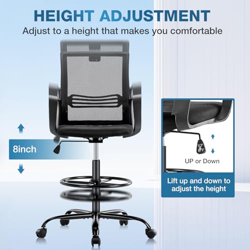 HOMEFLA Mid-Back Mesh Drafting Chair - Tall Office Chair with Armrest Standing Desk Chair Counter Height with Adjustable Foot Ring (Black)