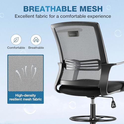 HOMEFLA Mid-Back Mesh Drafting Chair - Tall Office Chair with Armrest Standing Desk Chair Counter Height with Adjustable Foot Ring (Black)