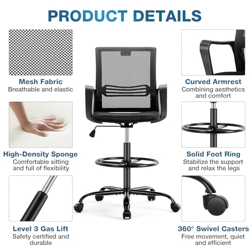 HOMEFLA Mid-Back Mesh Drafting Chair - Tall Office Chair with Armrest Standing Desk Chair Counter Height with Adjustable Foot Ring (Black)