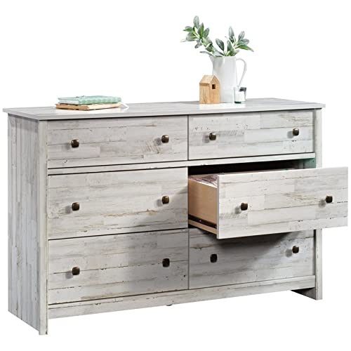 Sauder River Ranch Rustic 6-Drawer Bedroom Dresser in White Plank, White Plank Finish