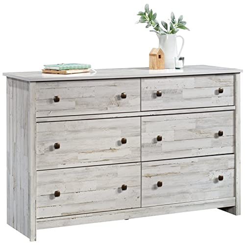 Sauder River Ranch Rustic 6-Drawer Bedroom Dresser in White Plank, White Plank Finish