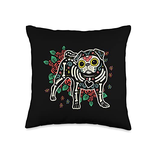 Sugar Skull Decor Halloween Day Of The Dead Gift Sugar Skull Pug Dia De Los Muertos Halloween Dog Mexican Throw Pillow, 16x16, Multicolor