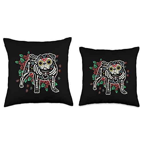 Sugar Skull Decor Halloween Day Of The Dead Gift Sugar Skull Pug Dia De Los Muertos Halloween Dog Mexican Throw Pillow, 16x16, Multicolor