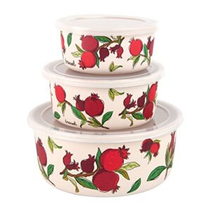 emanuel set of 3 bamboo fiber food storage containers - reusable storage lunch boxes plastic lid - tupperware pomegranates design