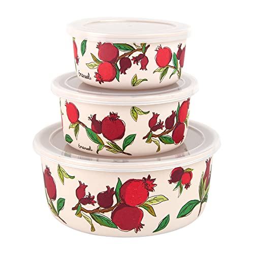 EMANUEL Set of 3 Bamboo Fiber Food Storage Containers - Reusable Storage Lunch Boxes Plastic Lid - Tupperware Pomegranates Design