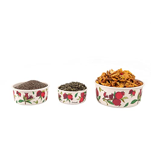 EMANUEL Set of 3 Bamboo Fiber Food Storage Containers - Reusable Storage Lunch Boxes Plastic Lid - Tupperware Pomegranates Design