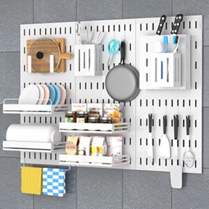 metal pegboard for kitchen 6 pcs, nanetidy pegboard wall organizer kits (include 2x spice racks, bowl rack, plate rack, 6x hooks, knife holder, 2x utensil holders, u-rack,towel rack), white