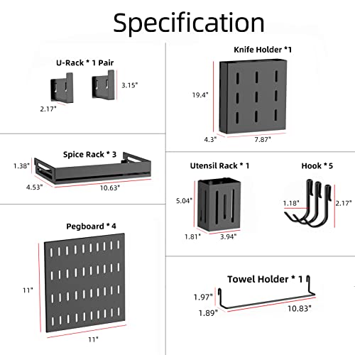 Metal Pegboard for Kitchen 4 Pcs, NaneTidy Pegboard Wall Organizer Kits and Accessories (Include 3 x Spice Racks, 5 x Hooks, 1 x Knife Holder, 1 x Utensil Holder, 1 x U-Rack, 1 x Towel Rack), Black