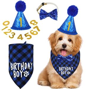 dog birthday party supplies birthday boy girl cake bandana triangle scarf clothes shirt cute hat, bow tie collar with 0-8 numbers for dog puppy 1st birthday outfit (elegant style)