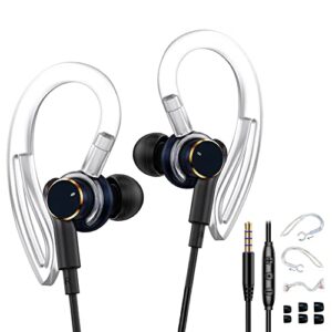 wired earbuds [four speakers dual drive] ear-hook in-ear headphones with microphone, high-fidelity heavy bass noise isolation 3.5mm jack earbud bass boost,sports earphones,memory pad