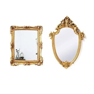 funerom vintage 11 x 9.5 inch decorative mirror, wall mounted & tabletop makeup mirror ，square antique gold and 16.9 x 11.8 inch gold shield shape