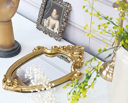 Funerom Vintage 11 x 9.5 inch Decorative Mirror, Wall Mounted & Tabletop Makeup Mirror ，Square Antique Gold and 16.9 x 11.8 inch Gold Shield Shape
