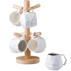 Jusalpha 7PC Deluxe Golden Marble Porcelain Coffee Mug Set with Wooden Mug Tree Holder, TCS28 (White)
