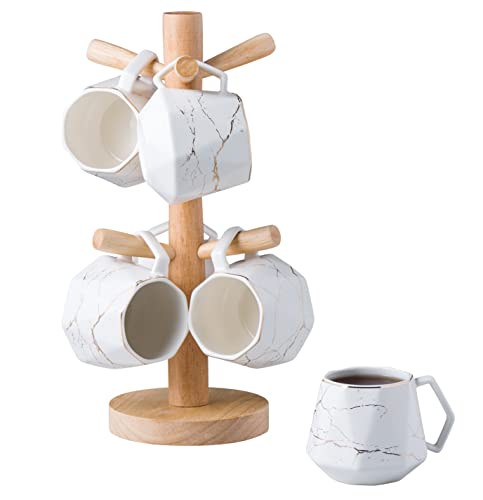 Jusalpha 7PC Deluxe Golden Marble Porcelain Coffee Mug Set with Wooden Mug Tree Holder, TCS28 (White)