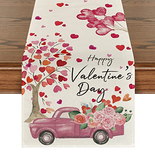 Artoid Mode Heart Tree Truck Rose Balloon Happy Valentine's Day Table Runner, Seasonal Anniversary Wedding Holiday Kitchen Dining Table Decoration for Indoor Outdoor Home Party Decor 13 x 72 Inch