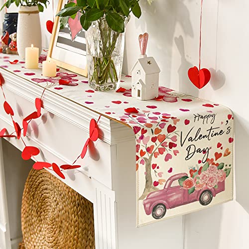 Artoid Mode Heart Tree Truck Rose Balloon Happy Valentine's Day Table Runner, Seasonal Anniversary Wedding Holiday Kitchen Dining Table Decoration for Indoor Outdoor Home Party Decor 13 x 72 Inch