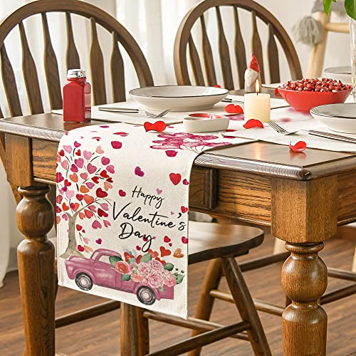 Artoid Mode Heart Tree Truck Rose Balloon Happy Valentine's Day Table Runner, Seasonal Anniversary Wedding Holiday Kitchen Dining Table Decoration for Indoor Outdoor Home Party Decor 13 x 72 Inch