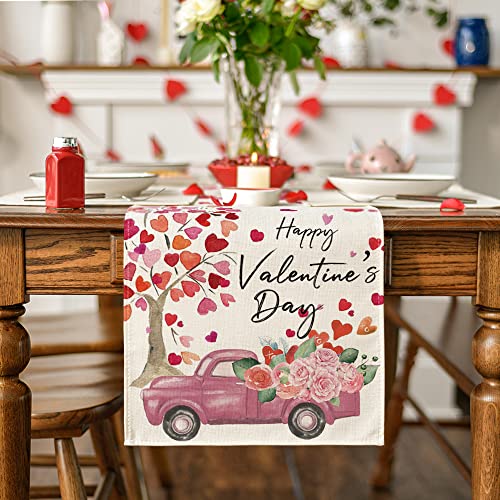 Artoid Mode Heart Tree Truck Rose Balloon Happy Valentine's Day Table Runner, Seasonal Anniversary Wedding Holiday Kitchen Dining Table Decoration for Indoor Outdoor Home Party Decor 13 x 72 Inch