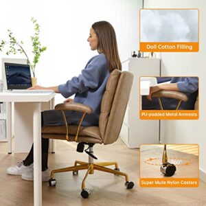 LEAGOO Mid Back Home Office Desk Task Chair with Wheels and Arms Ergonomic PU Leather Computer Rolling Swivel Chair with Padded Armrest (Khaki)