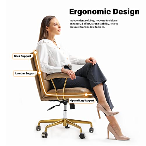 LEAGOO Mid Back Home Office Desk Task Chair with Wheels and Arms Ergonomic PU Leather Computer Rolling Swivel Chair with Padded Armrest (Khaki)