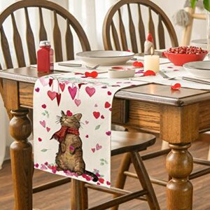 Artoid Mode Cat Branches Leaves Heart Valentine's Day Table Runner, Seasonal Holiday Kitchen Dining Table Decoration for Indoor Outdoor Home Party Decor 13 x 72 Inch