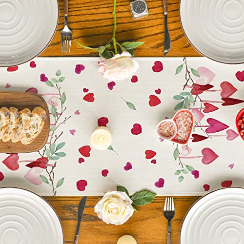 Artoid Mode Cat Branches Leaves Heart Valentine's Day Table Runner, Seasonal Holiday Kitchen Dining Table Decoration for Indoor Outdoor Home Party Decor 13 x 72 Inch
