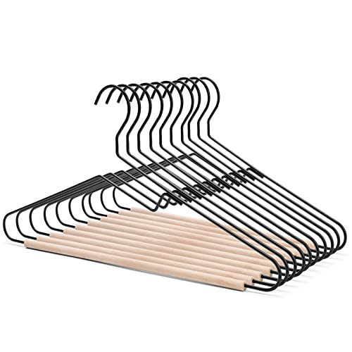 Nature Smile Premium Black Matt Metal Suit Clothes Hanger 10 Pack with a Smooth Beech Wood Pants Bar,Unique Coat Hanger Dress Hanger Shirt Hanger