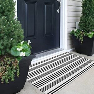 Black and White Striped Outdoor Rug, 27.5"x43" Cotton Modern Hand-Woven Reversible Front Porch Door Mat Welcome Layered Doormat Washable Doorway Carpet for Farmhouse Kitchen Laundry Room