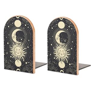 nfgse book ends, mystical sun face moon crescent magic 2 pcs 5 x 3 inch modern home decorative bookends for shelves, fashion design wood book stopper for heavy books office school home kitchen planets