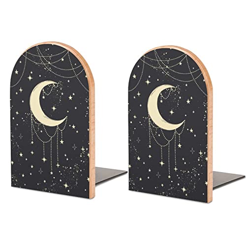 NFGSE Magic Card Golden Mystical Stars Moon Wooden Non-Skid Bookends Home Decorative Book Ends 1 Pair/2 Pieces Book Ends Supports for Library Books, Movies, DVDs, Magazines, Video Games