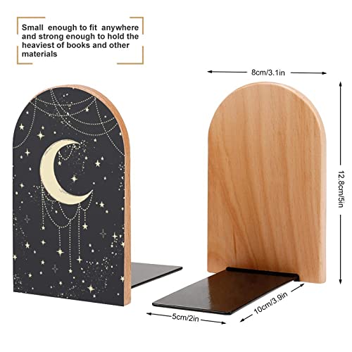 NFGSE Magic Card Golden Mystical Stars Moon Wooden Non-Skid Bookends Home Decorative Book Ends 1 Pair/2 Pieces Book Ends Supports for Library Books, Movies, DVDs, Magazines, Video Games