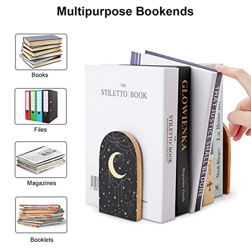 NFGSE Magic Card Golden Mystical Stars Moon Wooden Non-Skid Bookends Home Decorative Book Ends 1 Pair/2 Pieces Book Ends Supports for Library Books, Movies, DVDs, Magazines, Video Games