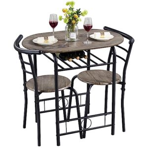 yaheetech 3 piece dining table set, kitchen table & chair sets for 2, compact bistro table set with steel legs, built-in wine rack for small space, apartment, breakfast nook, drift brown