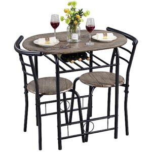 Yaheetech 3 Piece Dining Table Set, Kitchen Table & Chair Sets for 2, Compact Bistro Table Set with Steel Legs, Built-in Wine Rack for Small Space, Apartment, Breakfast Nook, Drift Brown