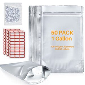 50pack 1 gallon mylar bags for food storage and 100pcs oxygen absorbers 300cc, 9.8 mil heavy duty mylar bags 14"x10" - resealable smell proof bags for candy, grains, wheat - long term food storage