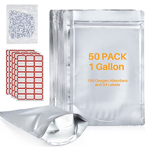 50Pack 1 Gallon Mylar Bags for Food Storage And 100Pcs Oxygen Absorbers 300cc, 9.8 Mil Heavy Duty Mylar Bags 14"x10" - Resealable Smell Proof Bags for Candy, Grains, Wheat - Long Term Food Storage