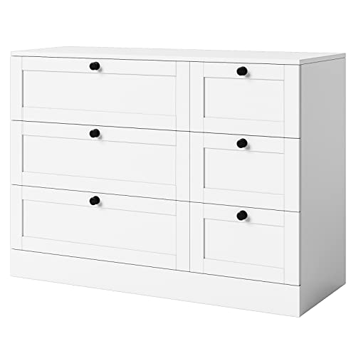 HOSTACK 6 Drawer Double Dresser, White Dresser Chest of Drawers, Wide 6 Drawer Chest, Wood Dresser Storage Cabinet with Deep Drawers for Living Room, Hallway, Entryway, White